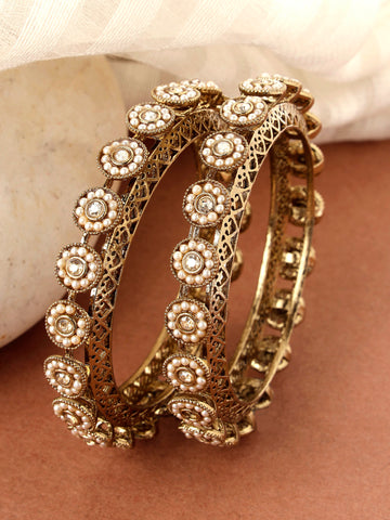 Karatcart Set of 2 White Pearl Studded Antique Gold Plated Bangles for Women