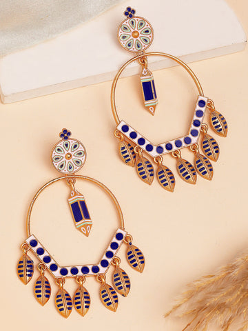 Karatcart Designer Gold-Plated Blue & White Enamel Danglers Earrings with Leaf Charm for Women