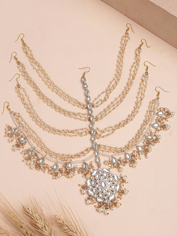 Karatcart Traditional Kundan Mathapatti with Pearl Drops and Multi-Layer Chains for Bridal