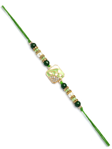 Karatcart Gold Plated Lime Green Kundan Bhiya Bhabhi Rakhi with Roli & Chawal