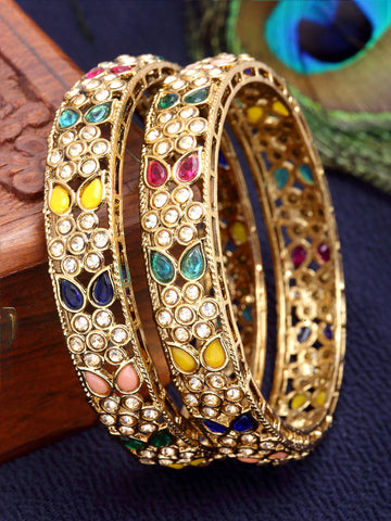 Karatcart Antique Gold Plated Floral Design Multicolor Kundan Studded Bangles for Women