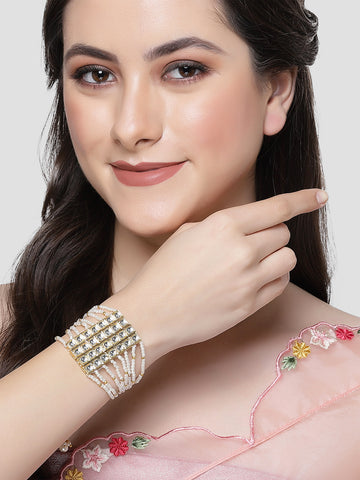 Karatcart Gold Plated Pearl Beaded Square Kundan Bracelet for Women