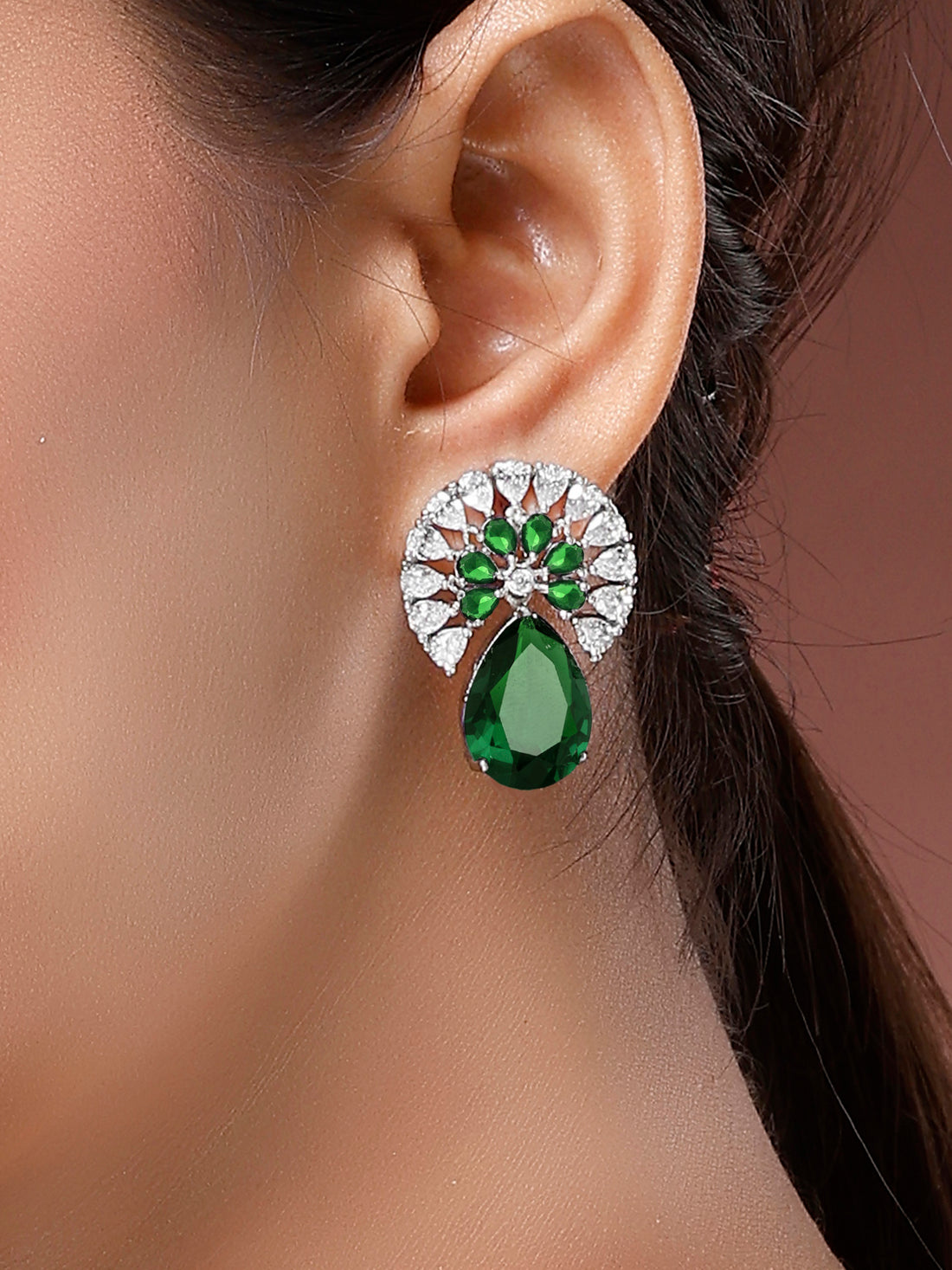 Karatcart Elegant Floral Design Green American Diamond Stud Earrings for Women