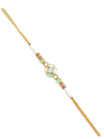 Karatcart Peach and Lime Green Rhinestones Bhiya Rakhi with Roli & Chawal