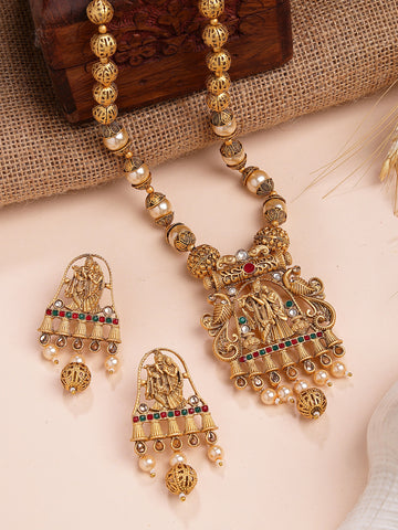 Karatcart Elegant Gold-Plated Radha Krishna Rani Haar Necklace Set with Red and Green Stones