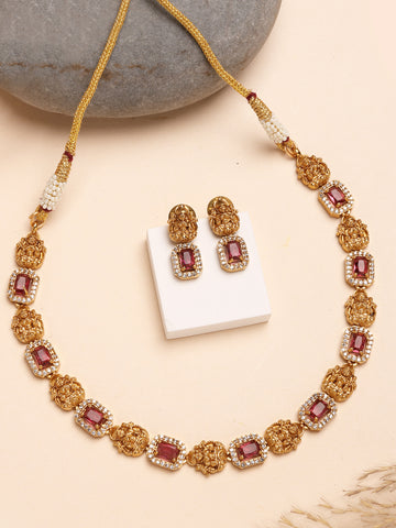 Karatcart Traditional Gold Plated Ruby Stone Laxmi Mata Temple Jewellery Set for Women