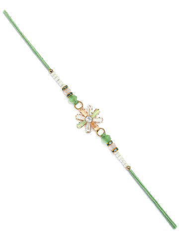 Karatcart Peach and Lime Green Rhinestones Floral Bhiya Rakhi with Roli & Chawal