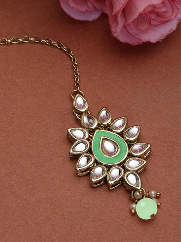 Karatcart Gold Plated Light Green Meena Kundan Maangtikka for Women