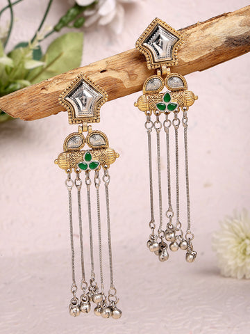 Karatcart Ethnic Gold and Silver Plated Green Stone Drop Earrings with Long Chain Tassels