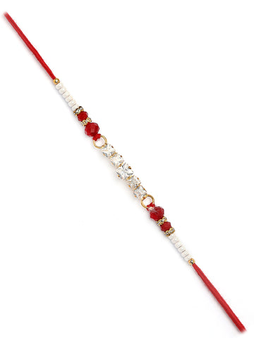 Karatcart Red Crystal and Rhinestones Bhiya Rakhi with Roli & Chawal