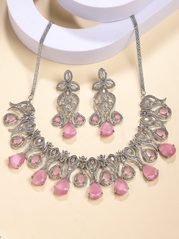 Karatcart Traditional Royal Design Pink American Diamond Necklace Set for Women