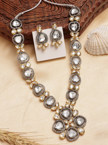 Karatcart Antique Silver and Gold Plated Polki Kundan Floral Rani Haar Necklace Set for Women
