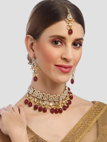 Karatcart Gold Plated Red Tumble Choker Necklace Set for Women
