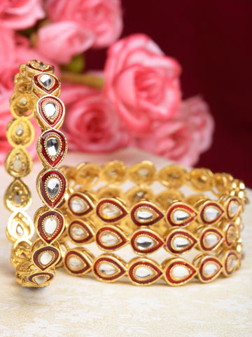 Karatcart Set of 4 Gold Plated Drop Shape Red Meena Kundan Bangles for Women