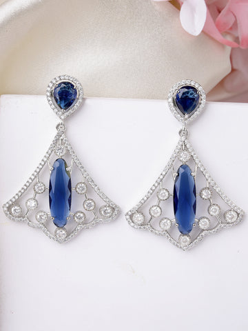 Karatcart Sparkling Silver Plated Earrings with Blue American Diamond Drops