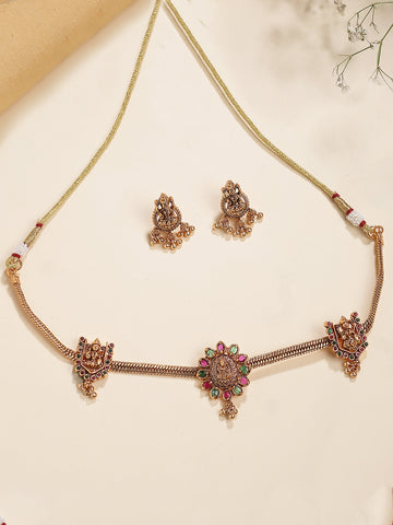 Karatcart Pink and Green Floral Shape Laxmi Mata Temple Choker Neckalce Set for Women