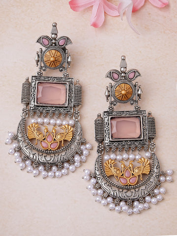 Karatcart Oxidised Silver and Gold Plated Pink Stone Drop Earrings for Women