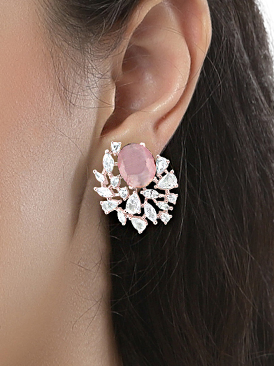 Karatcart Sparkling Pink American Diamond Rose Gold Plated Stud Earrings for Women