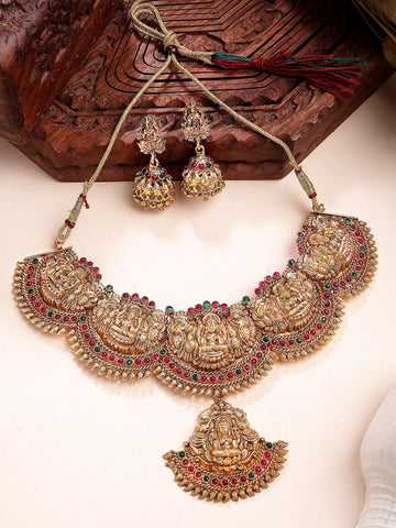 Karatcart Gold Plated Laxmi Mata Design Red and Green Temple Jewellery Set for Women