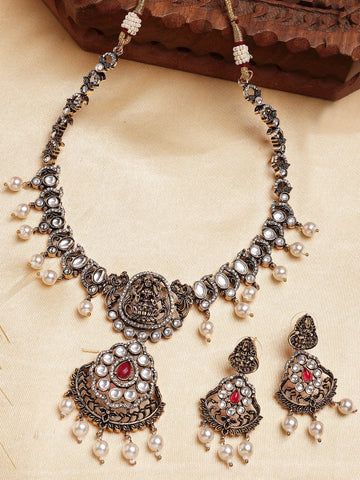 Karatcart Antique Gold Plated Red Stone Temple Jewellery Set for Women