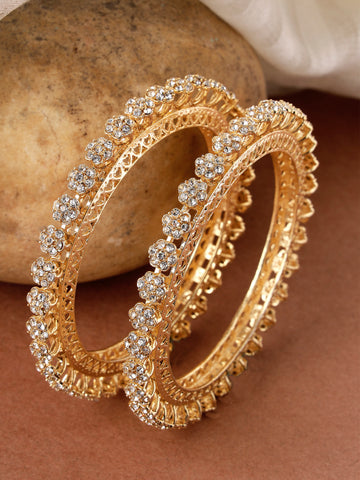 Karatcart Floral Design Set of 2 American Diamond Studded Gold Plated Bangles for Women