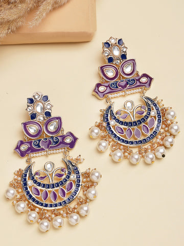 Karatcart Designer Gold-Plated Purple & Blue Meenakari Dangler Earrings with Pearls
