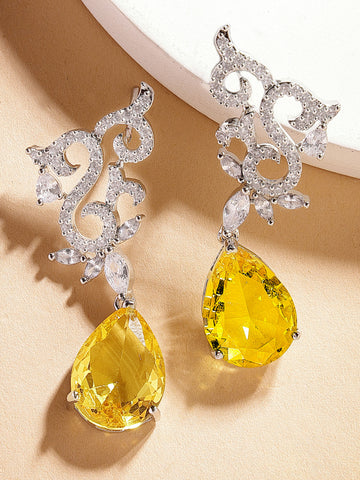 Karatcart Silver Plated Floral Shape Yellow American Diamond Studs for Women