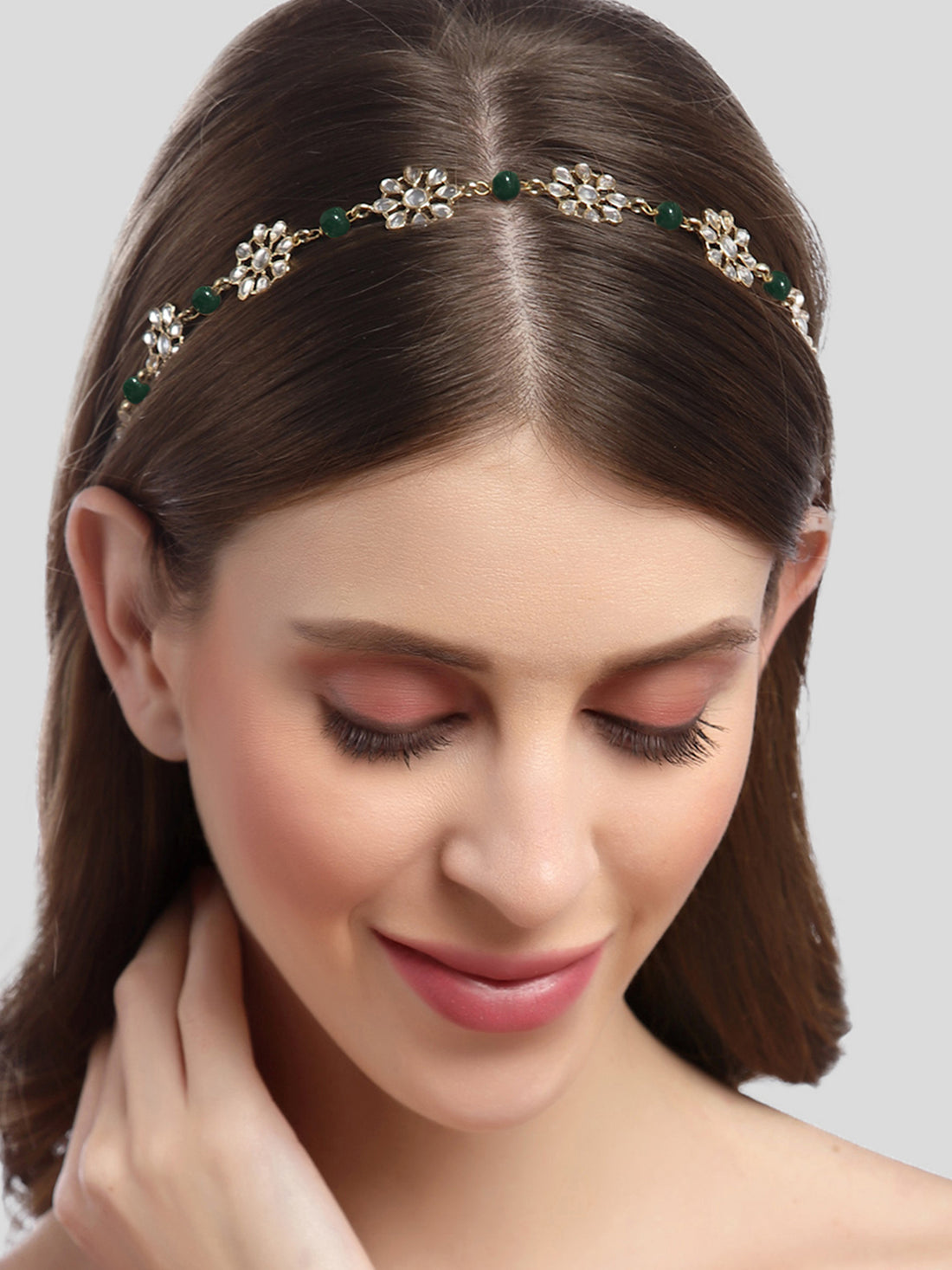 Karatcart Gold Plated Green Bead Studded Floral Kundan Hairband for Women