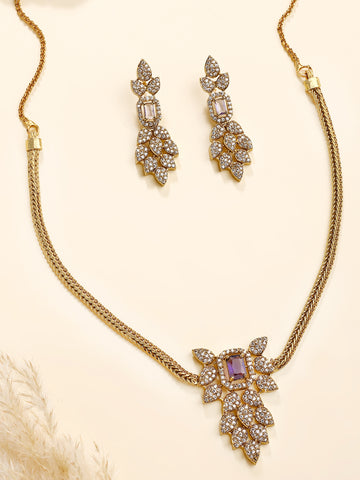 KARATCART Elegant Gold-Plated Leaf Design Purple American Diamond Jewellery Set for Women