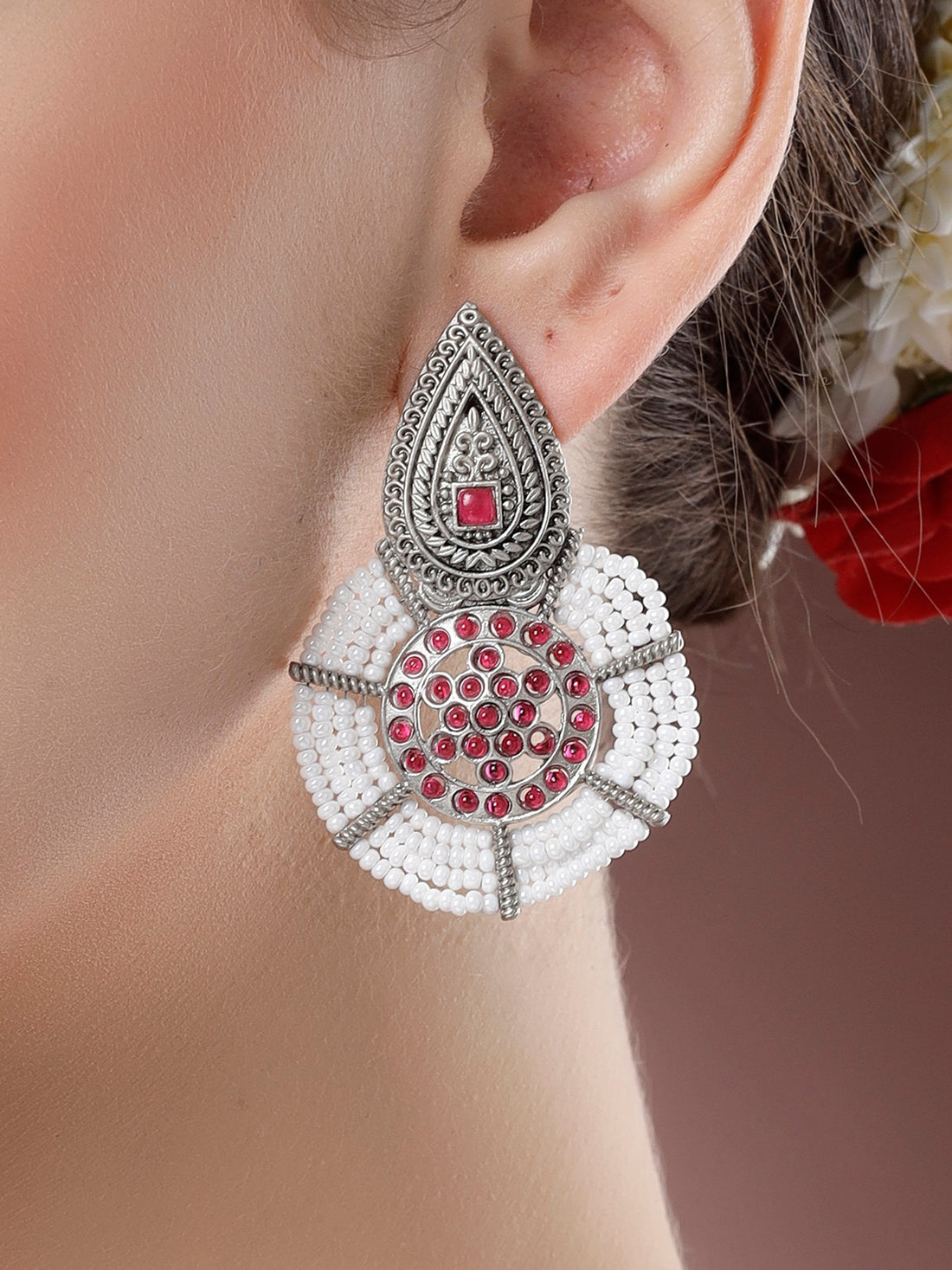 Karatcart Oxidised Silver Drop Shape Red Stone Earrings for Women