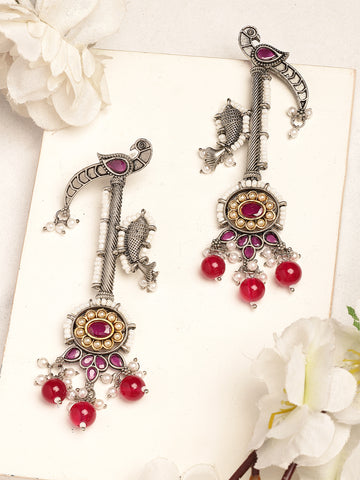 Karatcart Oxidised Silver Peacock Design Tribal Drop Earrings for Women