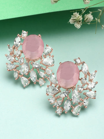 Karatcart Sparkling Pink American Diamond Rose Gold Plated Stud Earrings for Women