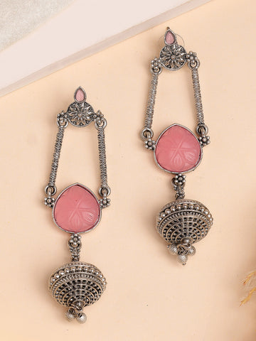 Karatcart Oxidized Silver Designer Pink Carved Stone Drop Earrings for Women