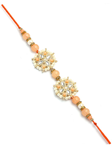 Karatcart Gold Plated Peach Beads Floral Kundan Bhiya Bhabhi Rakhi with Roli & Chawal