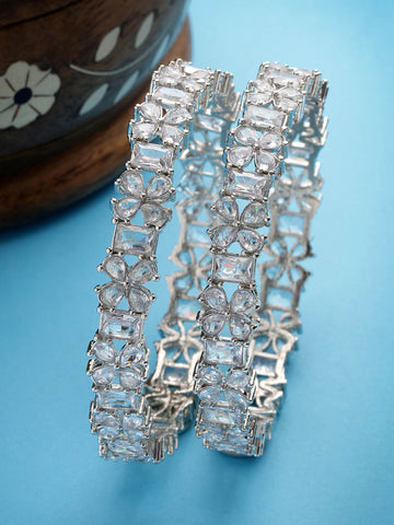 Karatcart Set of 2 Silver Plated American Diamond Studded Floral Bangles for Women