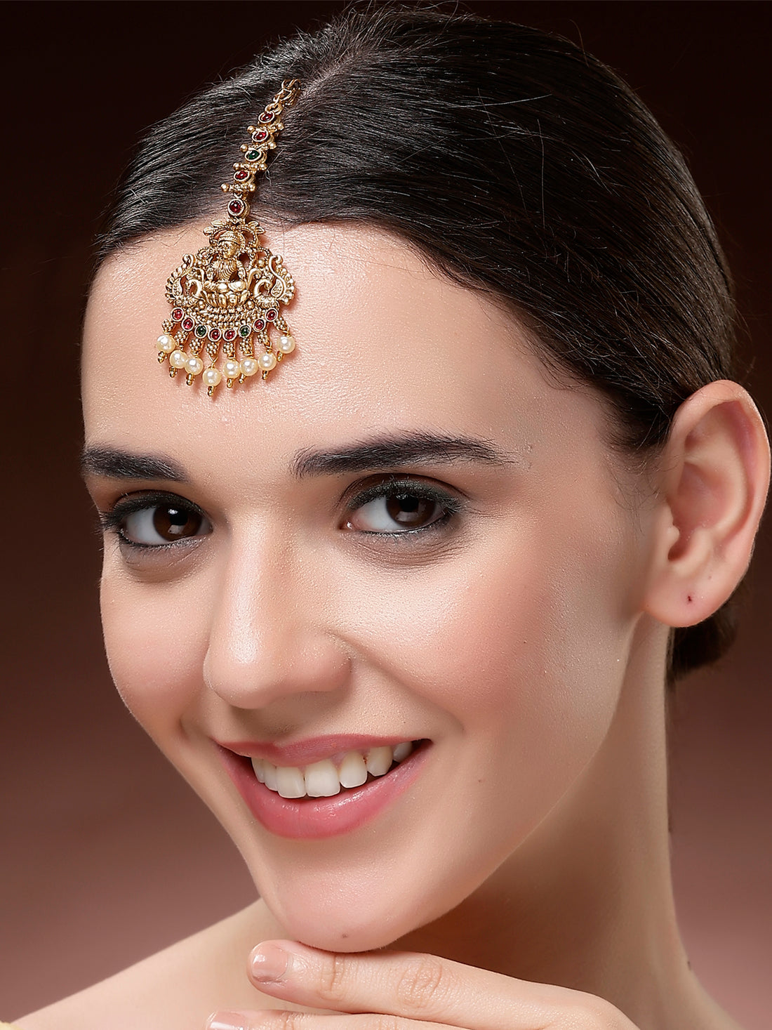 Karatcart Traditional Gold Plated Temple Style Lakshmi Maang Tikka with Pearl Drops