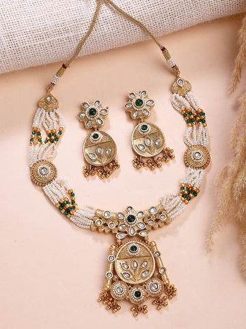 KARATCART Designer Gold-Plated Green Crystal and Pearl Necklace Set for Women