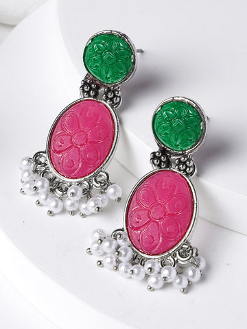 Karatcart Silver Tone Oval Shape Green & Pink Carved Stone Studded Drop Earrings for Women