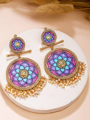 Karatcart Traditional Gold Plated Mandala Art Dangler Earrings with Pearls for Women