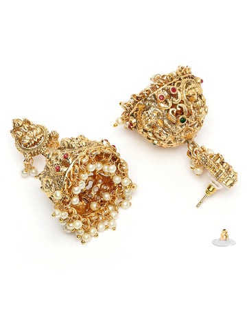 Karatcart Traditional Gold Plated Temple Jhumka Earrings with Laxmi Mata and Pearl Drops for Women