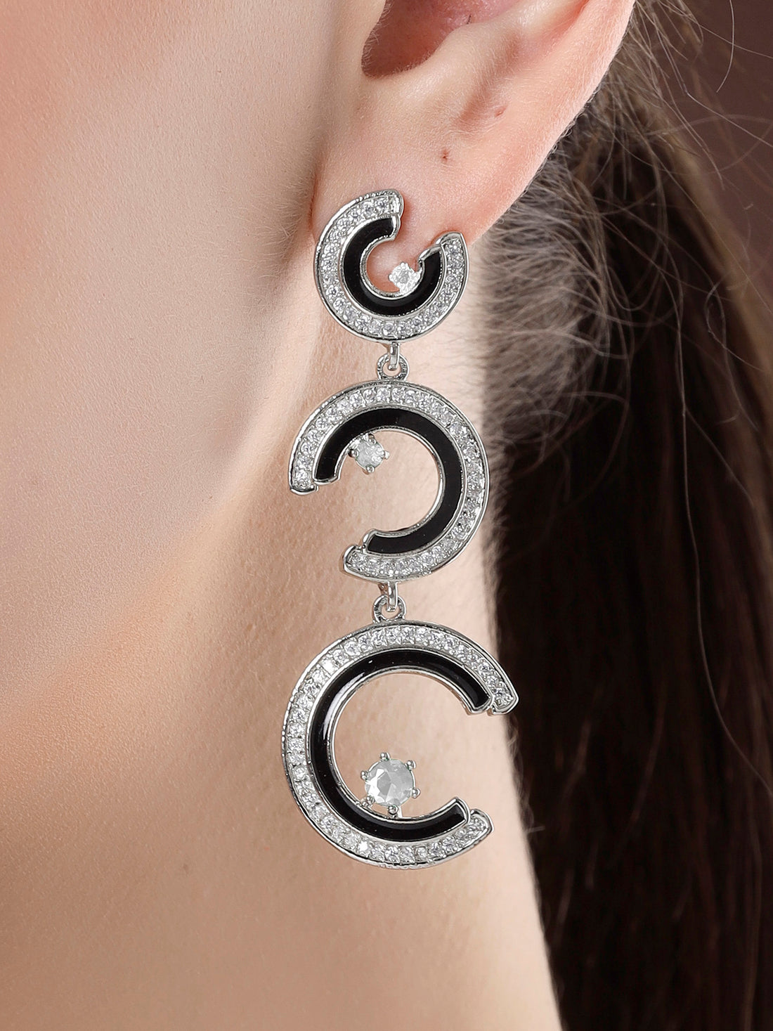 Karatcart Bold Black Enamel Silver Plated Crescent American Diamond Dangle Earrings