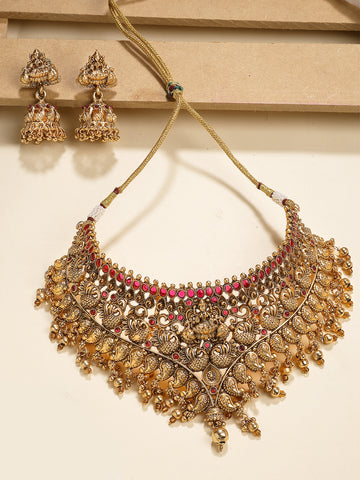 Karatcart Traditional Red Stone Laxmi Mata and Peacock Choker Temple Jewellery Set for Women