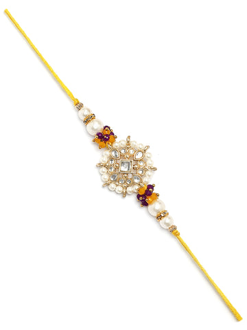 Karatcart Gold Plated Yellow and Blue Floral Kundan Bhiya Rakhi with Roli & Chawal