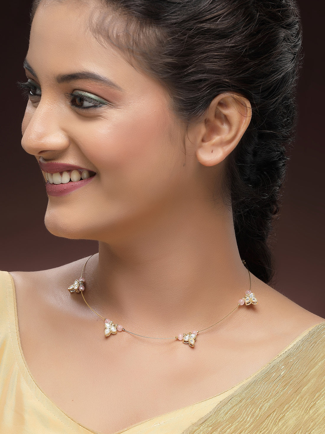 KARATCART Designer Gold-Plated Pink Beads Floral Kundan Minimalist Necklace for Women