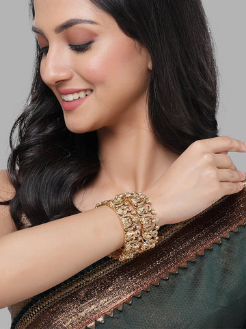 Karatcart Gold Plated Set of 2 Laxmi Mata and Peacock Design Bangles for Women