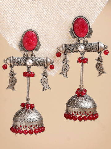 Karatcart Traditional Oxidized Silver Red Carved Stone Jhumka Earrings with Bird Motifs