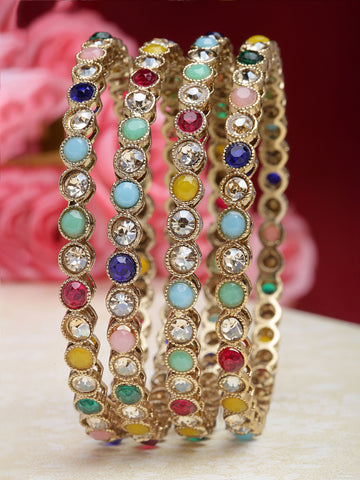 Karatcart Gold Plated Set of 4 Multicolor Stone Studded Bangles for Women