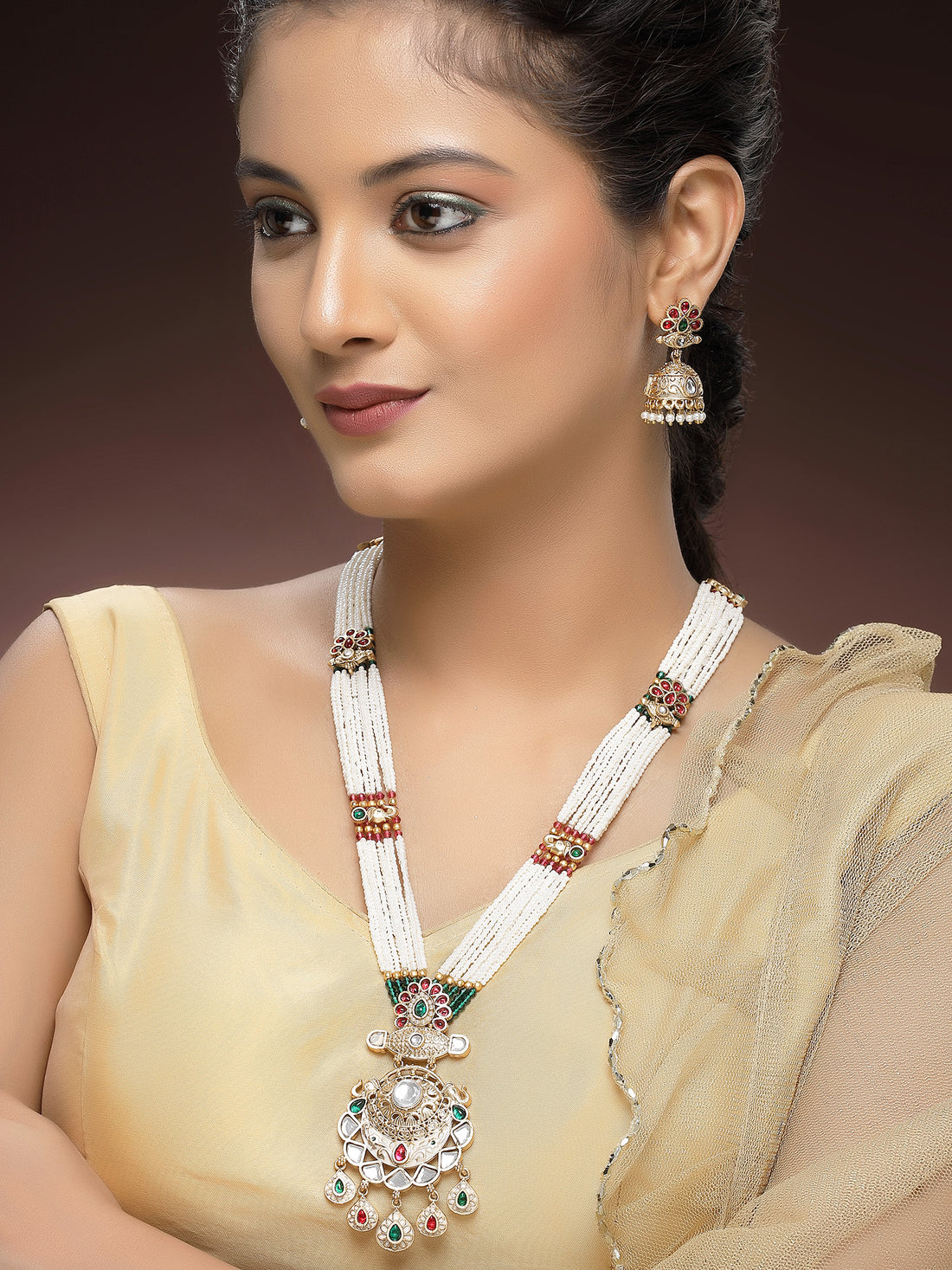 KARATCART Royal Pearl Beaded Gold-Plated Kundan Rani Haar Necklace Set for Women