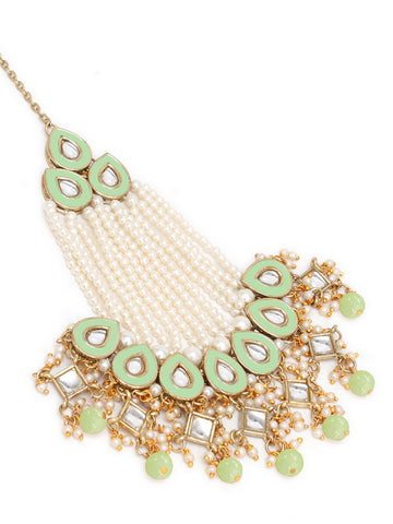 Karatcart Gold Plaated Light Green Meena and Beads Studded Kundan Passa for Women