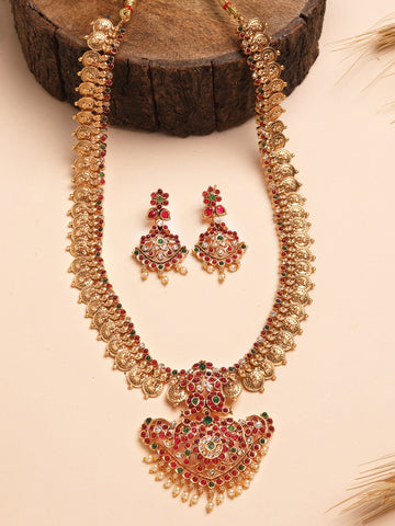Karatcart Gold Plated Red Stone Rani Haar Temple Jewellery Set for Women